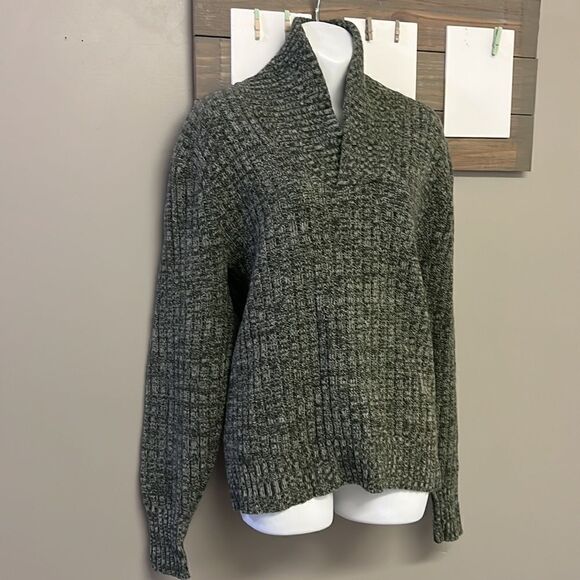 Lambs Wool Blend Heather Green Long Sleeve Cable Knit Cross Cowl Neck Sweater-PL - Picture 3 of 13